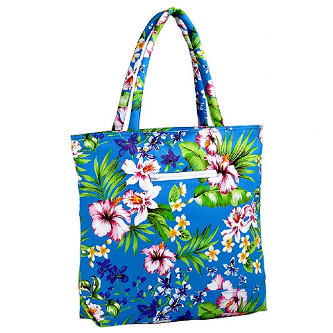 Canvas Tote w/ Tropical Flower Print - Turquoise - BG-1509TQ