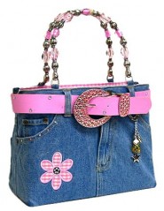 Denim Jean Purse W/ Belt & Key Chain/Flower - BG-BJ113MPK