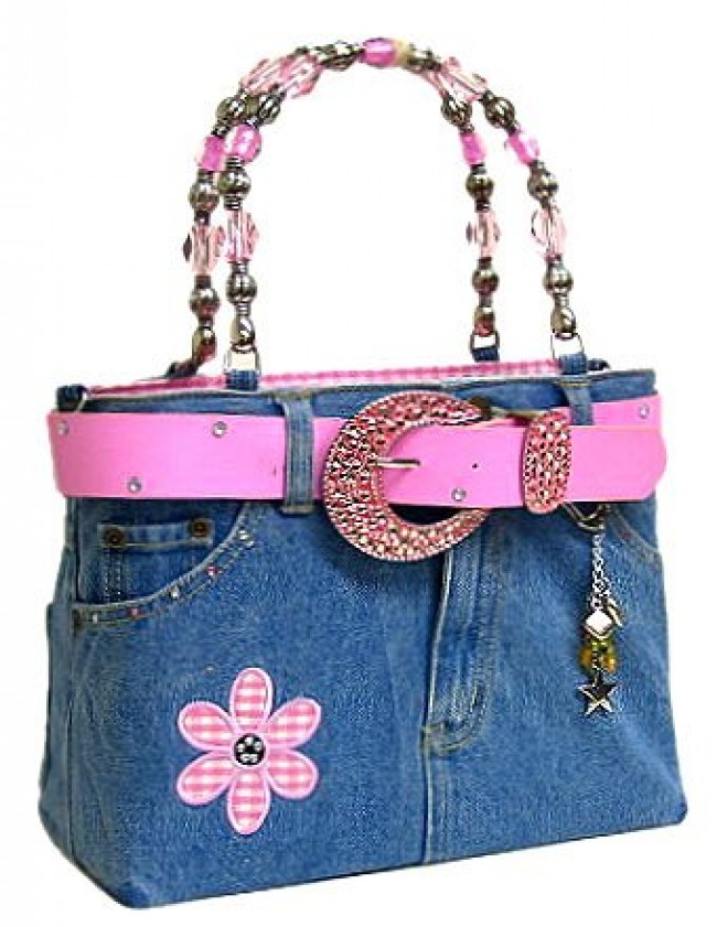 Denim Jean Purse W/ Belt & Key Chain/Flower - BG-BJ113MPK