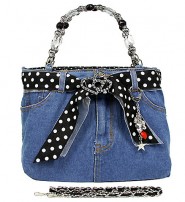 Denim Jean Purse w/ Polka Dots Ribbon - BG-BJ117MBK