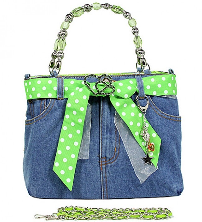 Denim Jean Purse w/ Polka Dots Ribbon - BG-BJ117MLM