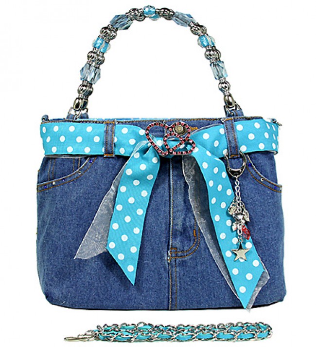 Denim Jean Purse w/ Polka Dots Ribbon -  BG-BJ117MTQ