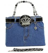 Denim Jean Purse w/ Rhinestone Crown Charm Belt - BG-BJ142MBK