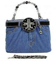 Denim Jean Purse  w/ Rhinestone  Fleur De Lis Charm Belt - BG-BJ143M/BK