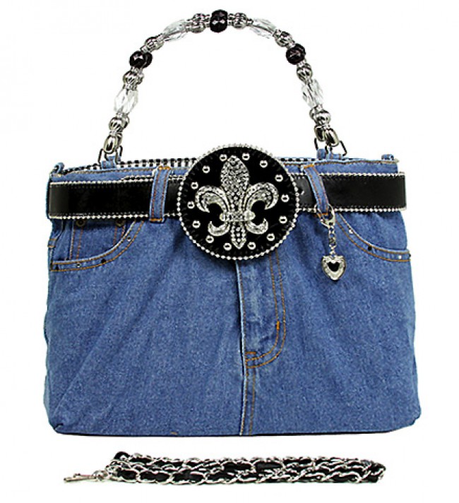 Denim Jean Purse  w/ Rhinestone  Fleur De Lis Charm Belt - BG-BJ143M/BK