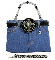 Denim Jean Purse w/ Rhinestone Cross Charm Belt - BG-BJ144MBK