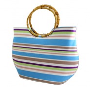 Striped Cotton Tote w/ Bamboo Handles- Blue - BG-J10-3910BL