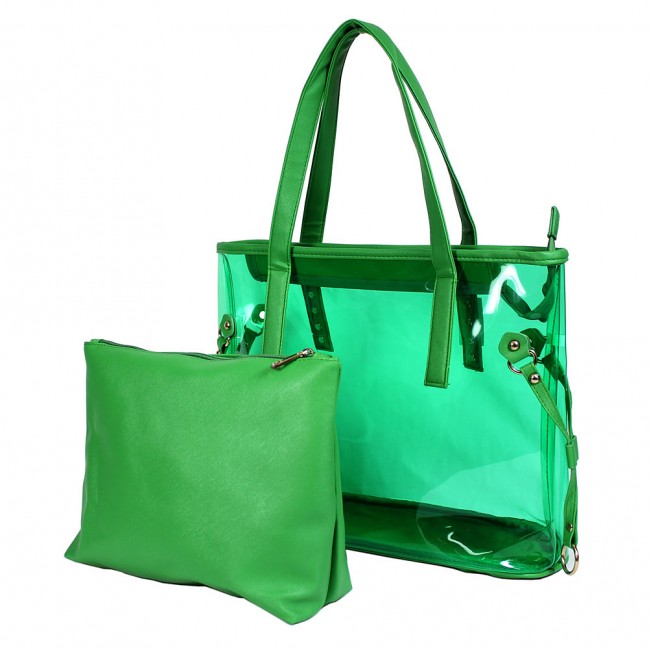 Clear PVC 2-in-1 Totes w/ Leather-like PU Trim - Green - BG-100843GR