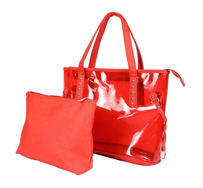 Clear PVC 2-in-1 Totes w/ Leather-like PU Trim - Red - BG-100843R