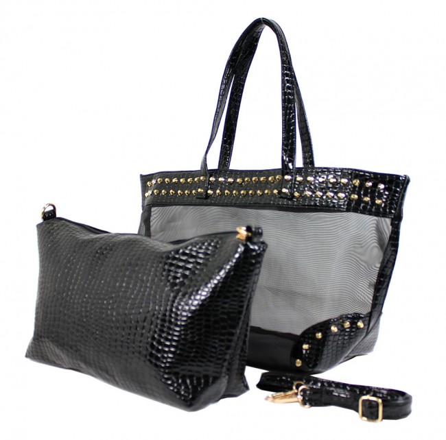 Mesh 2-in-1 Totes w/ Metal Studded Croc Embossed PU Trim - Black - BG-100845B