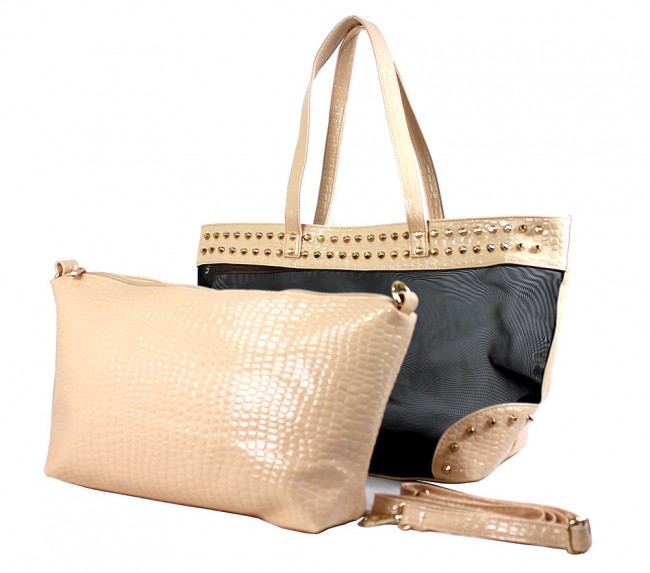 Mesh 2-in-1 Totes w/ Metal Studded Croc Embossed PU Trim - Beige - BG-100845BEI
