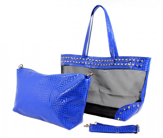Mesh 2-in-1 Totes w/ Metal Studded Croc Embossed PU Trim - Blue - BG-100845BL