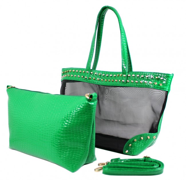 Mesh 2-in-1 Totes w/ Metal Studded Croc Embossed PU Trim - Green - BG-100845GR