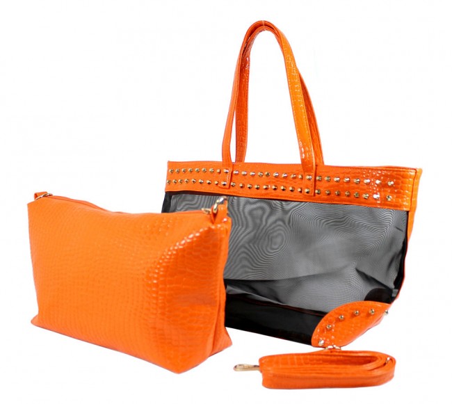 Mesh 2-in-1 Totes w/ Metal Studded Croc Embossed PU Trim - Orange - BG-100845OR