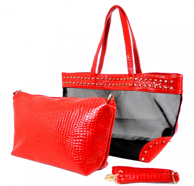 Mesh 2-in-1 Totes w/ Metal Studded Croc Embossed PU Trim - Red - BG-100845R