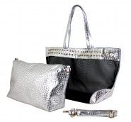 Mesh 2-in-1 Totes w/ Metal Studded Croc Embossed PU Trim - Silver - BG-100845S