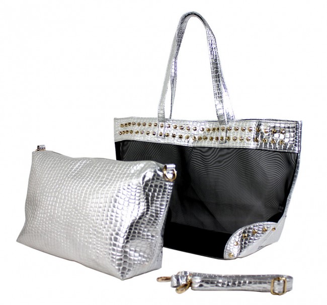 Mesh 2-in-1 Totes w/ Metal Studded Croc Embossed PU Trim - Silver - BG-100845S