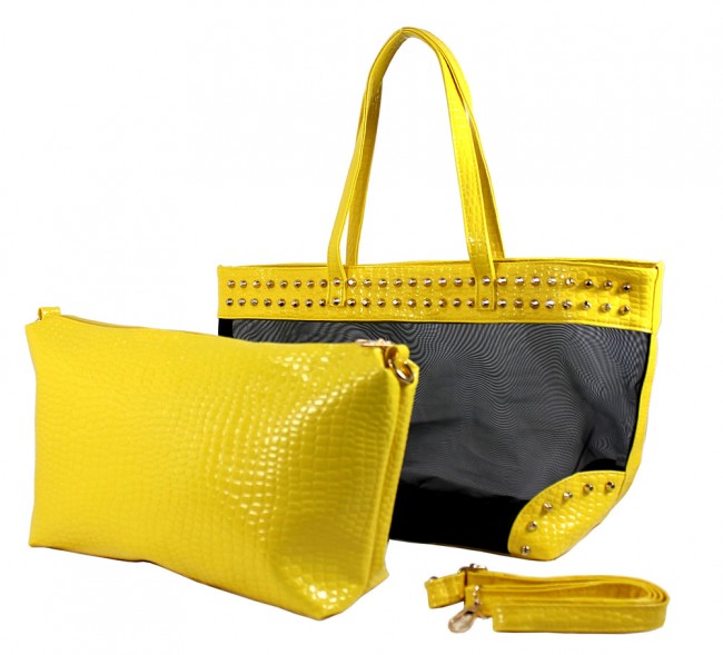 Mesh 2-in-1 Totes w/ Metal Studded Croc Embossed PU Trim - Yellow - BG-100845YL