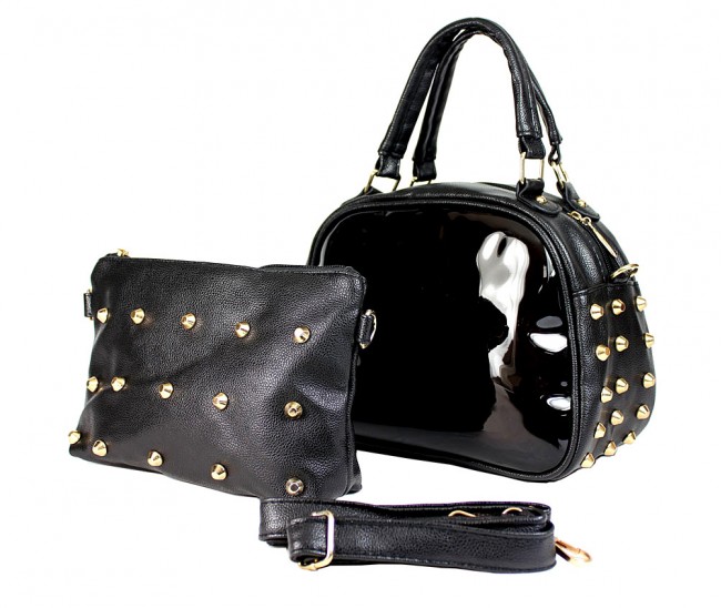 Clear PVC 2-in-1 Satchel w/ Metal Studded Leather-like PU Trim - Black - BG-100856B