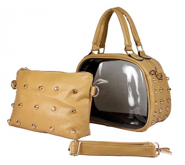 Clear PVC 2-in-1 Satchel w/ Metal Studded Leather-like PU Trim - Beige - BG-100856BEI 