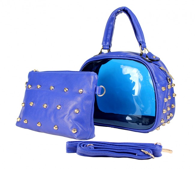 Clear PVC 2-in-1 Satchel w/ Metal Studded Leather-like PU Trim - Blue - BG-100856BL