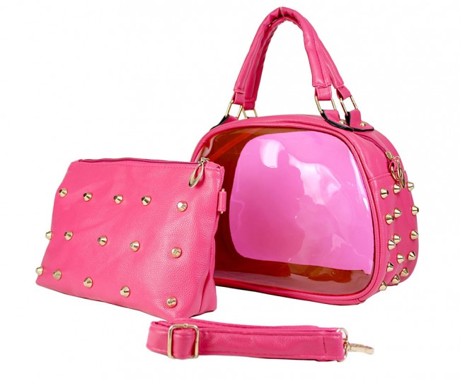 Clear PVC 2-in-1 Satchel w/ Metal Studded Leather-like PU Trim - Fuchsia - BG-100856FU