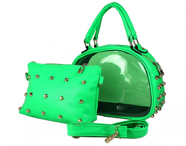 Clear PVC 2-in-1 Satchel w/ Metal Studded Leather-like PU Trim - Green - BG-100856GR