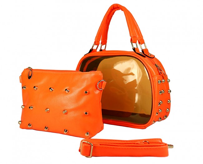 Clear PVC 2-in-1 Satchel w/ Metal Studded Leather-like PU Trim - Orange - BG-100856OR
