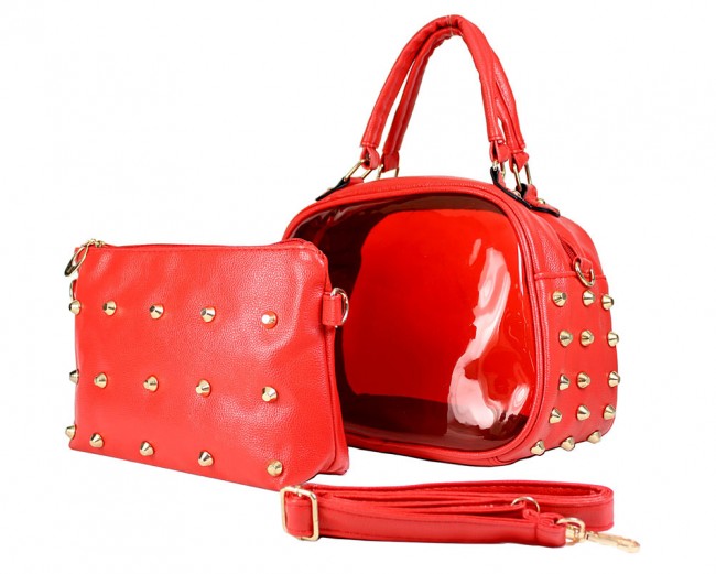 Clear PVC 2-in-1 Satchel w/ Metal Studded Leather-like PU Trim - Red - BG-100856R