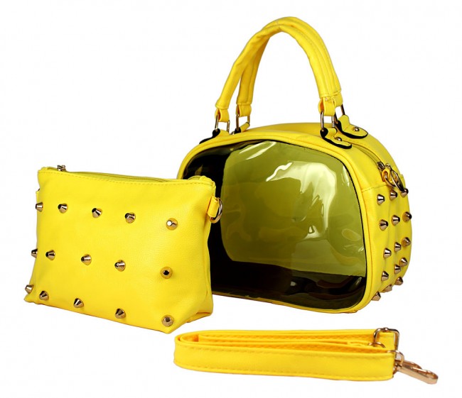 Clear PVC 2-in-1 Satchel w/ Metal Studded Leather-like PU Trim - Yellow - BG-100856YL