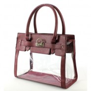 Clear PVC Tote -  PU Leather Trim Accent w/ Fold Down Lock - Burgundy