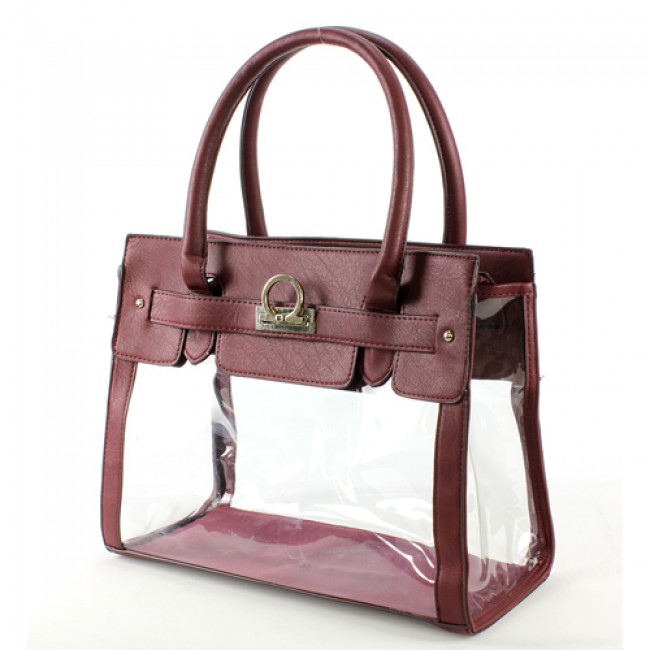 Clear PVC Tote -  PU Leather Trim Accent w/ Fold Down Lock - Burgundy