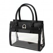 Clear PVC Tote -  PU Leather Trim Accent w/ Fold Down Lock - Black