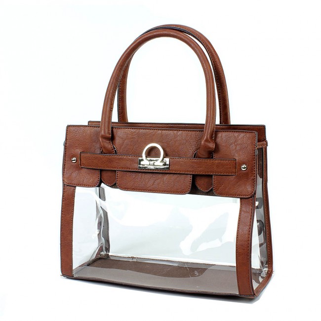 Clear PVC Tote -  PU Leather Trim Accent w/ Fold Down Lock - Brown