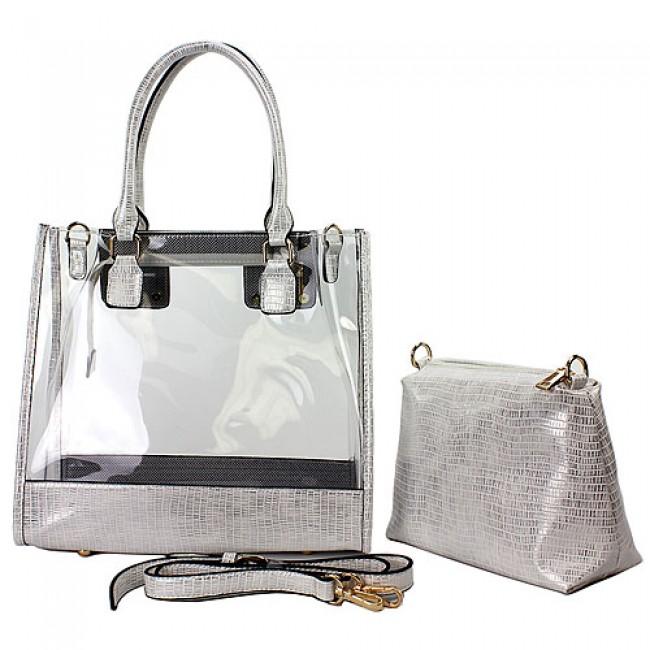 2-in-1 Clear PVC Tote Bag w/ Croc Embossed Trim - White - BG-CL471WT