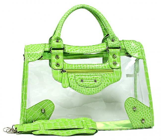 Clear PVC Tote Bag w/ Croc Embossed Patent Leather-like Trim - Green - BG-CLR001GN