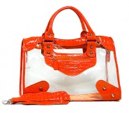 Clear PVC Tote Bag w/ Croc Embossed Patent Leather-like Trim - Orange - BG-CLR001OG