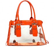 Clear PVC Tote Bag w/ Croc Embossed Patent Leather-like Trim - Orange - BG-CLR002OG