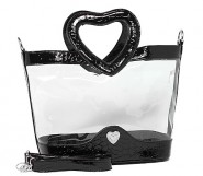 Clear PVC Satchel - Croc Embossed Patent Leather-like Trim w/ Open Heart Shape Handles - Black - BG-CLR004BK
