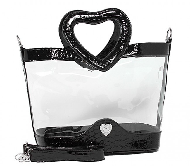 Clear PVC Satchel - Croc Embossed Patent Leather-like Trim w/ Open Heart Shape Handles - Black - BG-CLR004BK