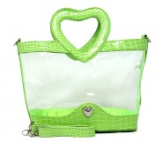 Clear PVC Satchel - Croc Embossed Patent Leather-like Trim w/ Open Heart Shape Handles - Green - BG-CLR004GN