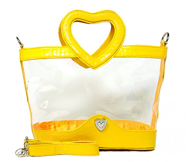 Clear PVC Satchel - Croc Embossed Patent Leather-like Trim w/ Open Heart Shape Handles - BG-CLR004MUS