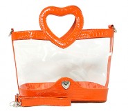 Clear PVC Satchel - Croc Embossed Patent Leather-like Trim w/ Open Heart Shape Handles - Orange  - BG-CLR004OG