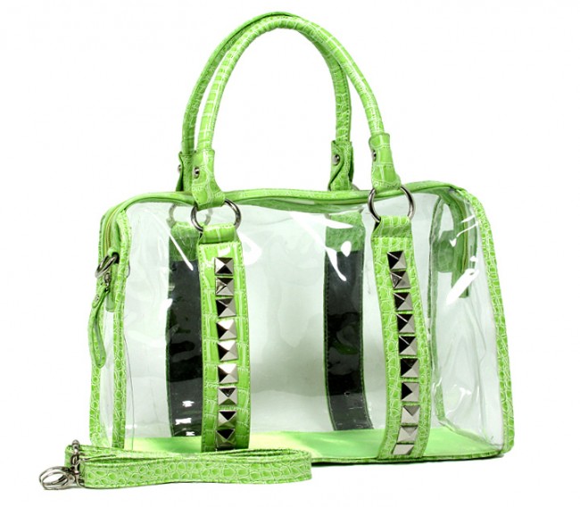 Clear PVC Duffel - Croc Embossed Patent Leather-like Trim w/ Pyramid Studs - Green - BG-CLR005GN