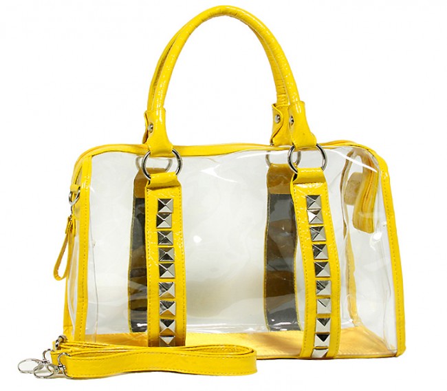 Clear PVC Duffel - Croc Embossed Patent Leather-like Trim w/ Pyramid Studs - Mustard - BG-CLR005MUS