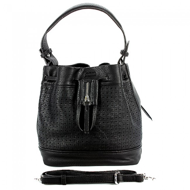 Drawstring Bucket Bags w/ Perforated Design - Black - BG-W6604BK