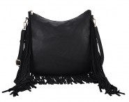 Hobo Bag w/ Genuine Leather Fringes - Black