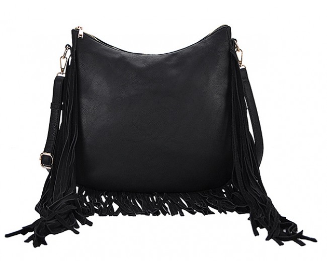 Hobo Bag w/ Genuine Leather Fringes - Black