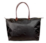 Nylon Large Shopping Tote w/ Leather Like Handles - Brown -BG-HD1293BR