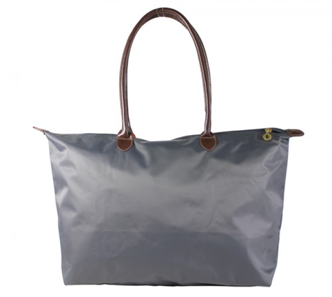 Nylon Large Shopping Tote w/ Leather Like Handles - Grey -BG-HD1293GY